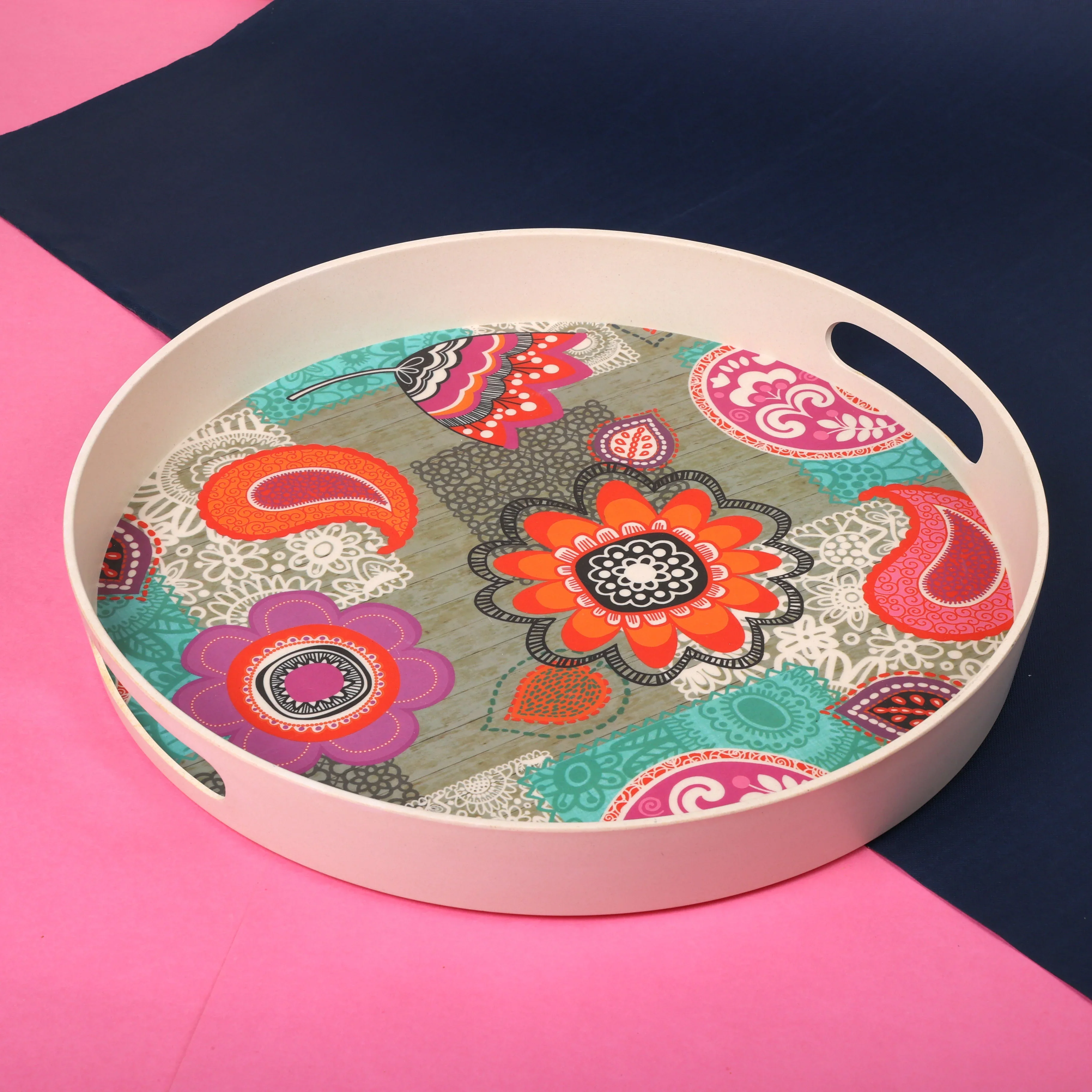 Multicoloured Flower Serving and Decoration Bamboo Tray - Image 3