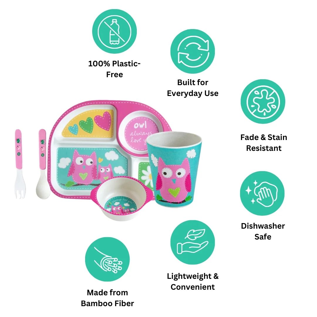 Observant Owl Bamboo Kids Dinner /Feeding Set of 5 - Image 3