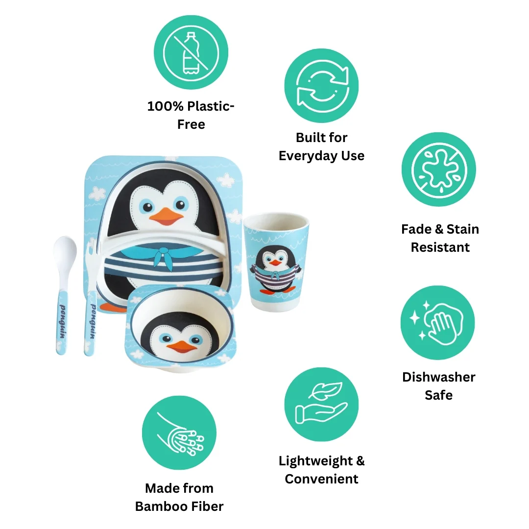 Plucky Penguin Bamboo Kids Dinner /Feeding Set of 5 - Image 3