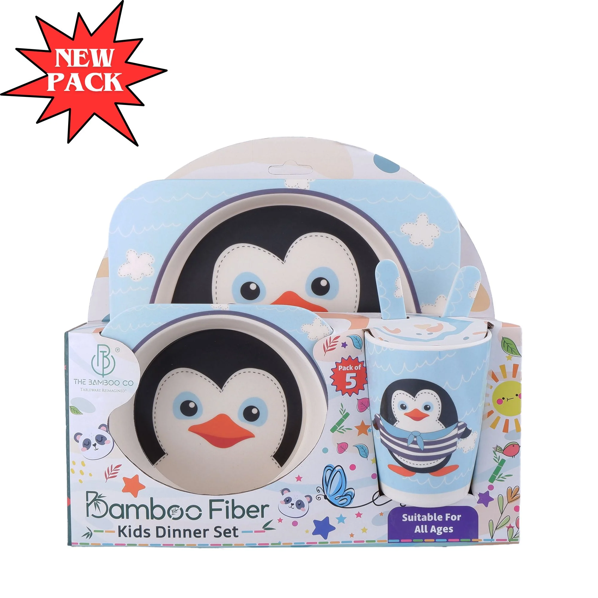 Plucky Penguin Bamboo Kids Dinner /Feeding Set of 5 - Image 4
