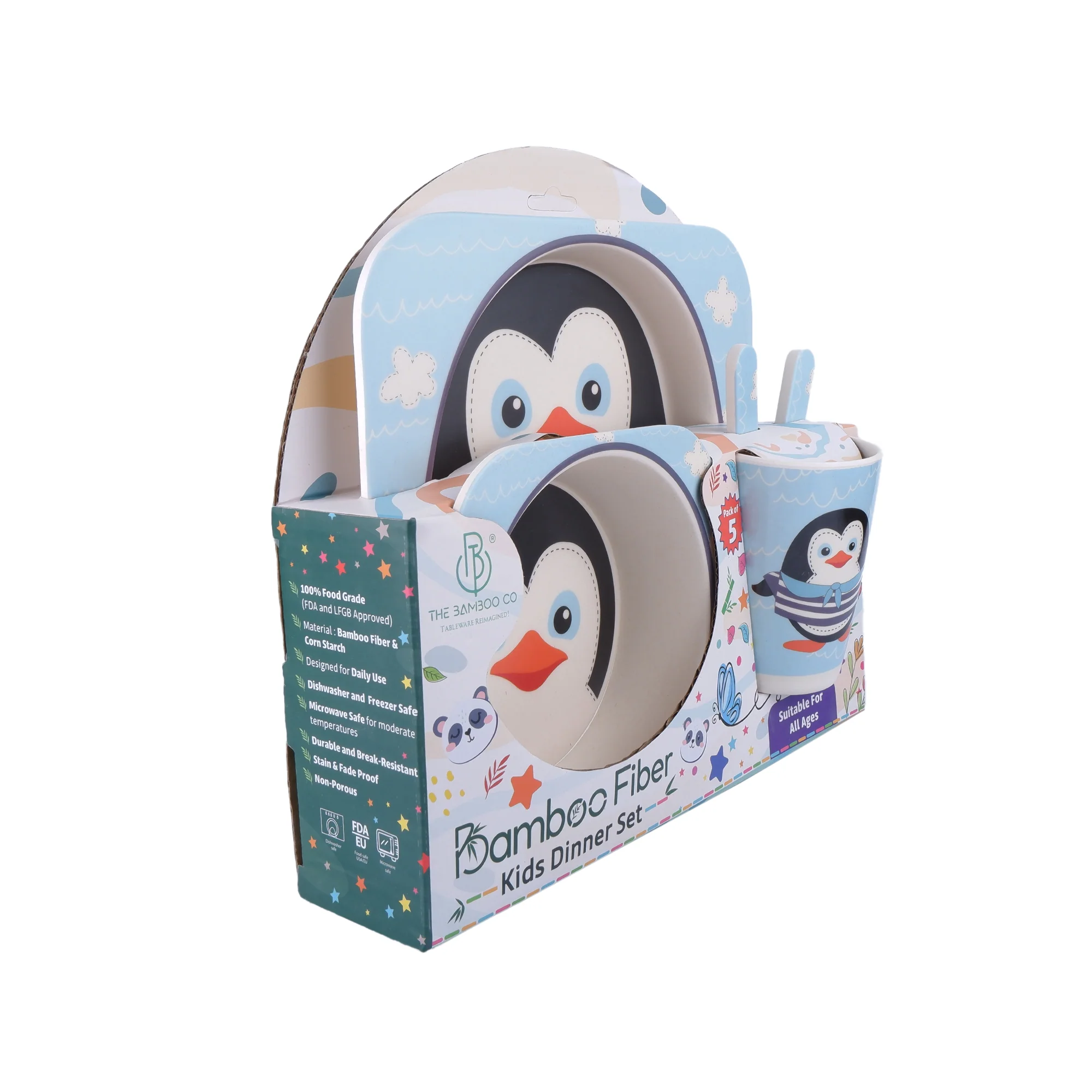 Plucky Penguin Bamboo Kids Dinner /Feeding Set of 5 - Image 6