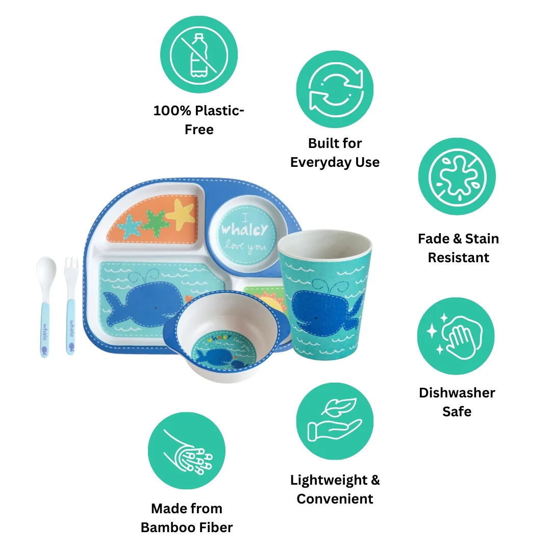Wobbly Whale Bamboo Kids Dinner /Feeding Set of 5 - Image 3