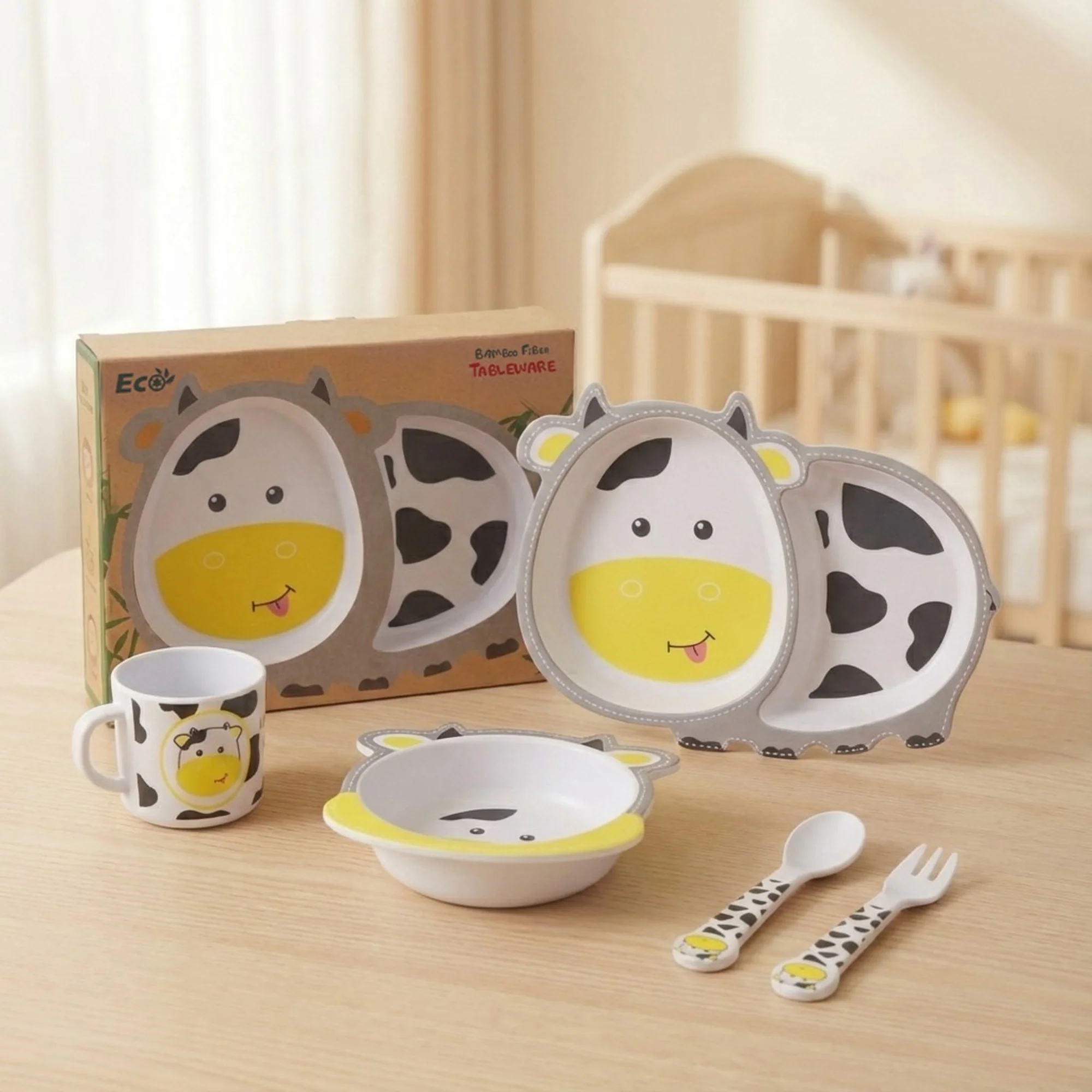 Chubby Cow Bamboo Kids Dinner /Feeding Set of 5 - Image 3