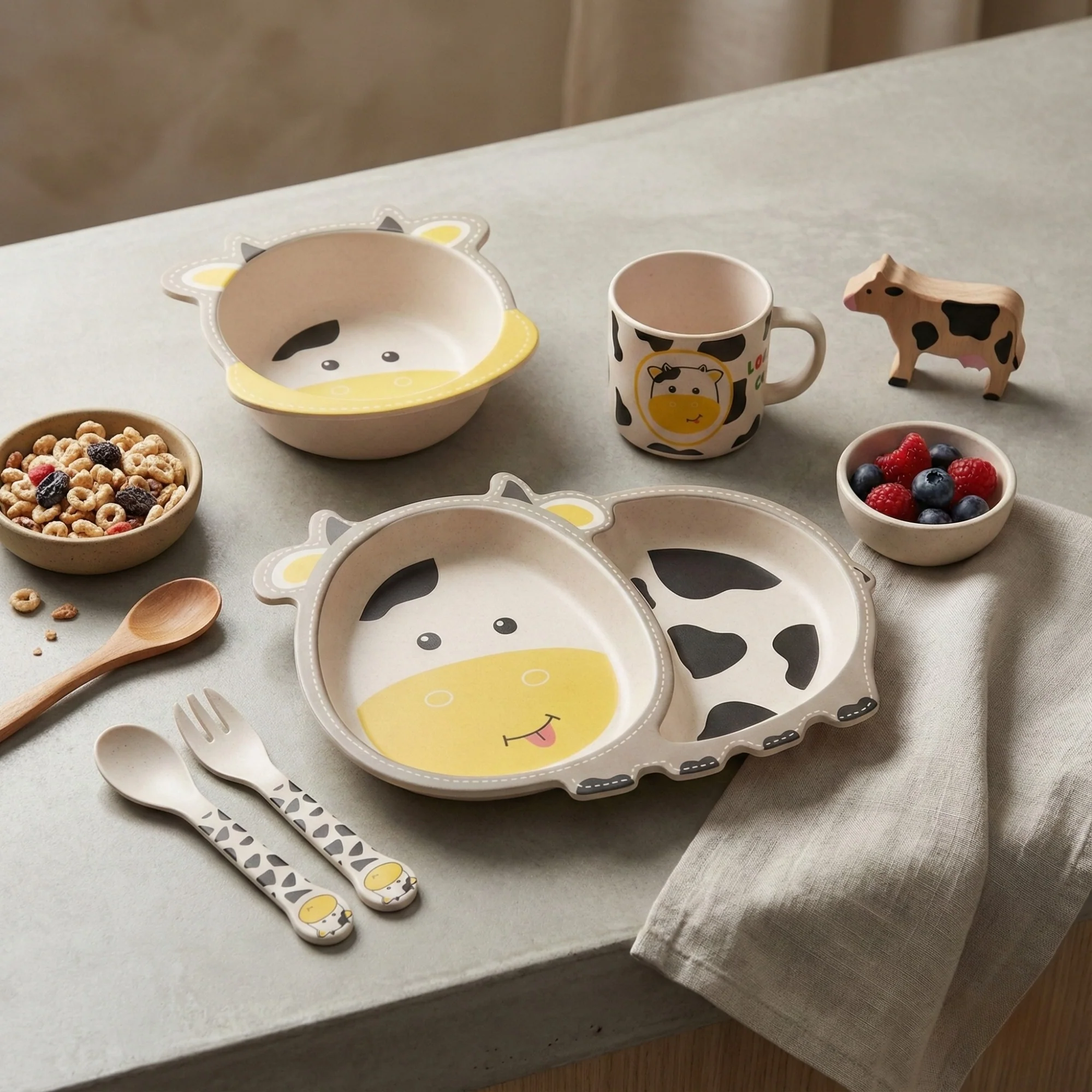 Chubby Cow Bamboo Kids Dinner /Feeding Set of 5 - Image 4