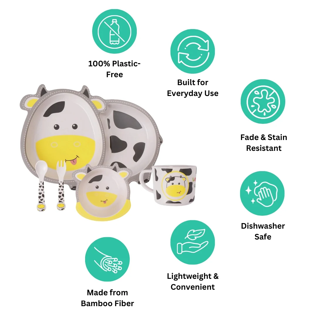 Chubby Cow Bamboo Kids Dinner /Feeding Set of 5 - Image 6